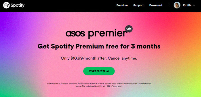 3 month free trial on Spotify Premium via asos