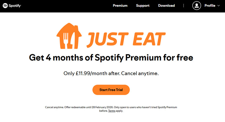 get 4 months spotify premium for free via just eat