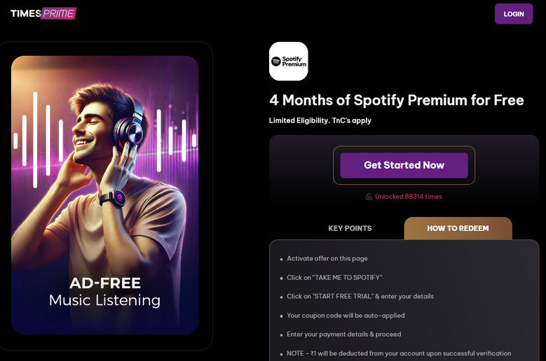 3 month free trial on Spotify Premium via times prime
