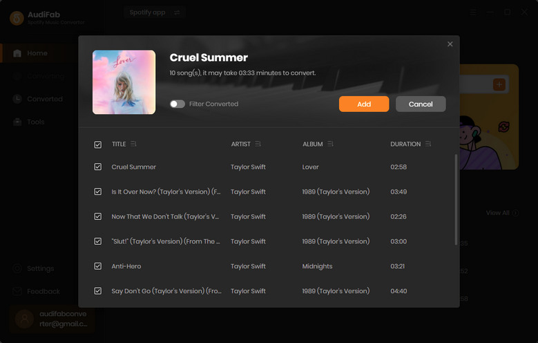 import taylor swift's songs to audifab