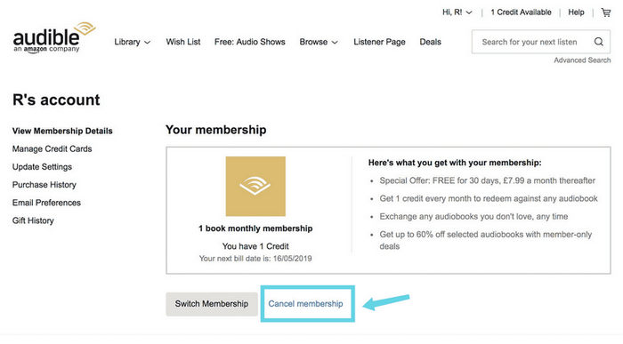 cancel audible audiobooks membership