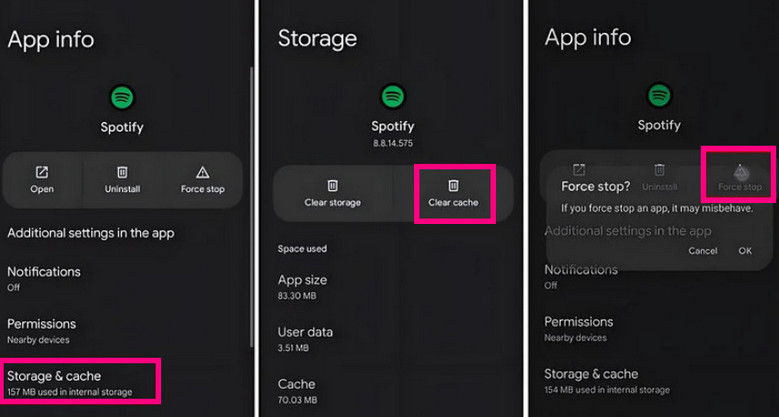 clear spotify cache and force stop spotify