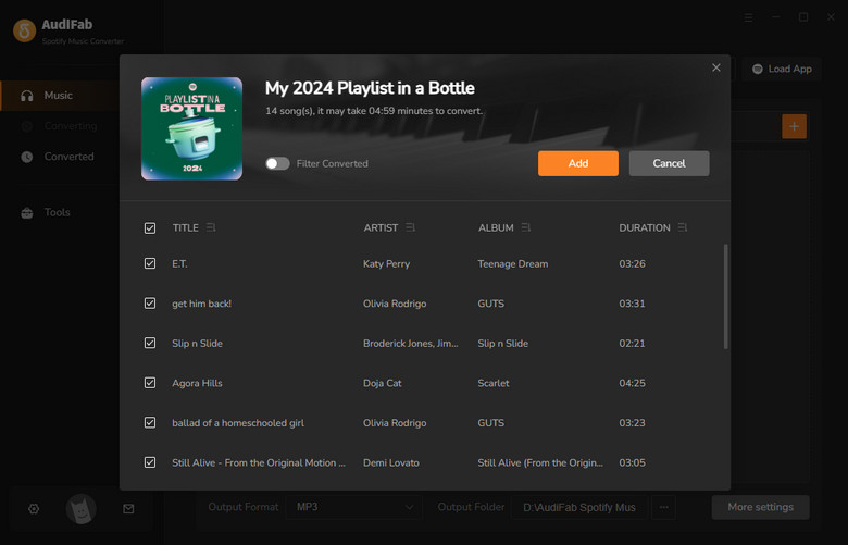 import 2024 Spotify Playlist in a Bottle to AudiFab