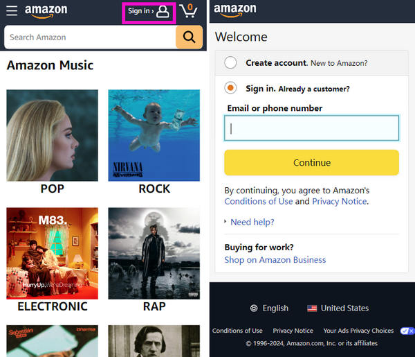 sign in amazon music android