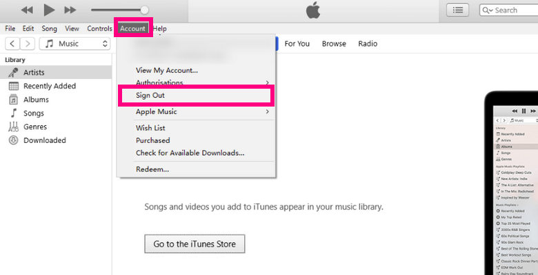 sign out apple id itunes