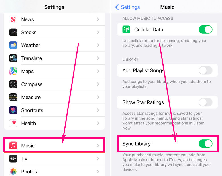 turn on sync apple music library on iphone